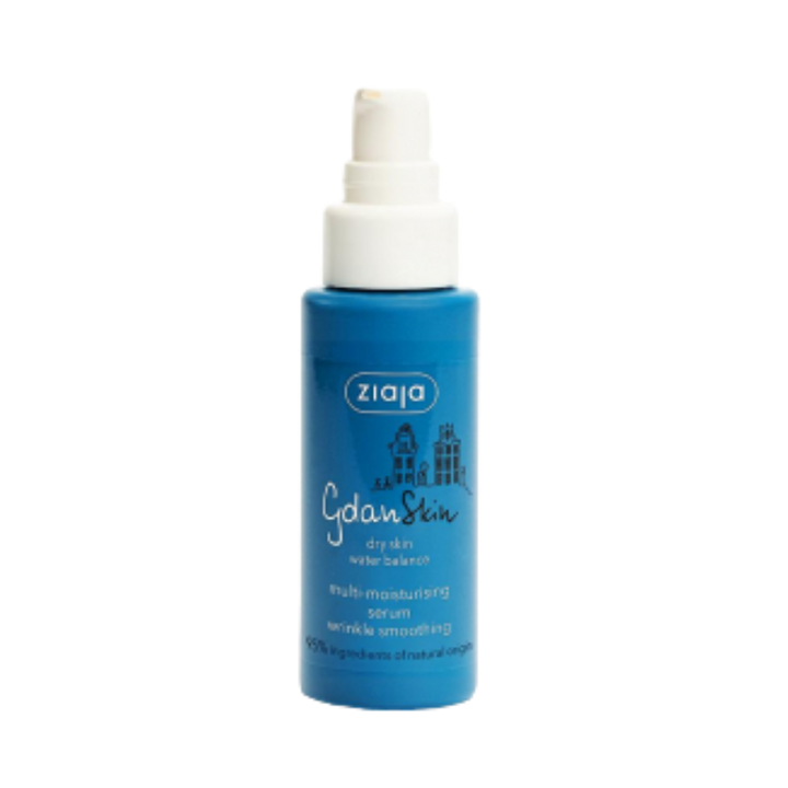 Ziaja GdanSkin dry skin face serum, blue plastic bottle with white pump dispenser
