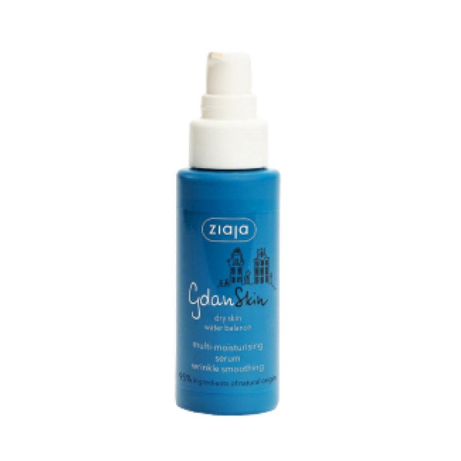 Ziaja GdanSkin dry skin face serum, blue plastic bottle with white pump dispenser
