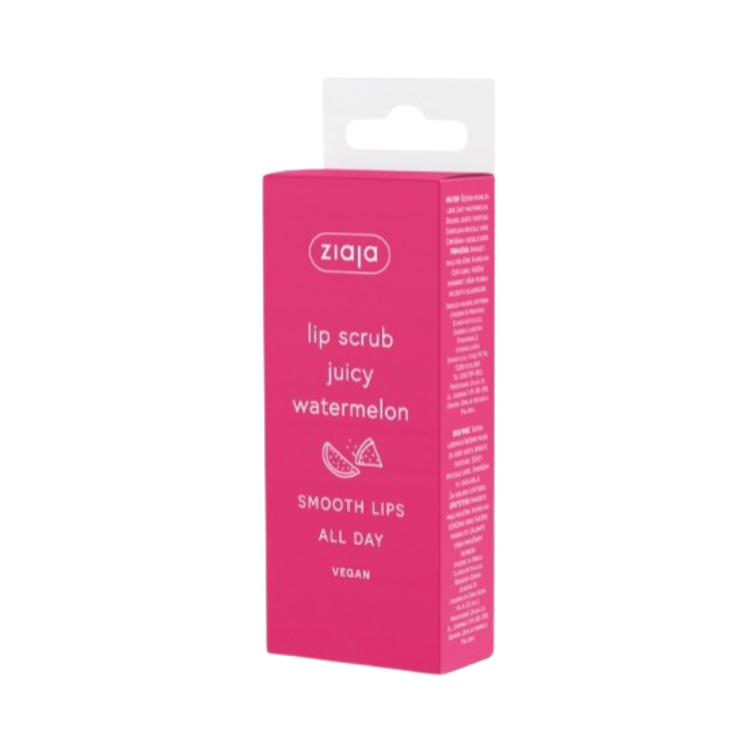 Ziaja lip scrub juicy watermelon vegan pink box packaging with white logo and watermelon illustration