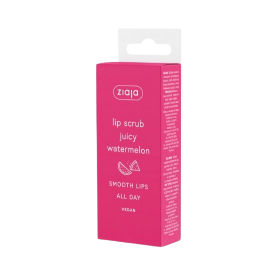 Ziaja lip scrub juicy watermelon vegan pink box packaging with white logo and watermelon illustration