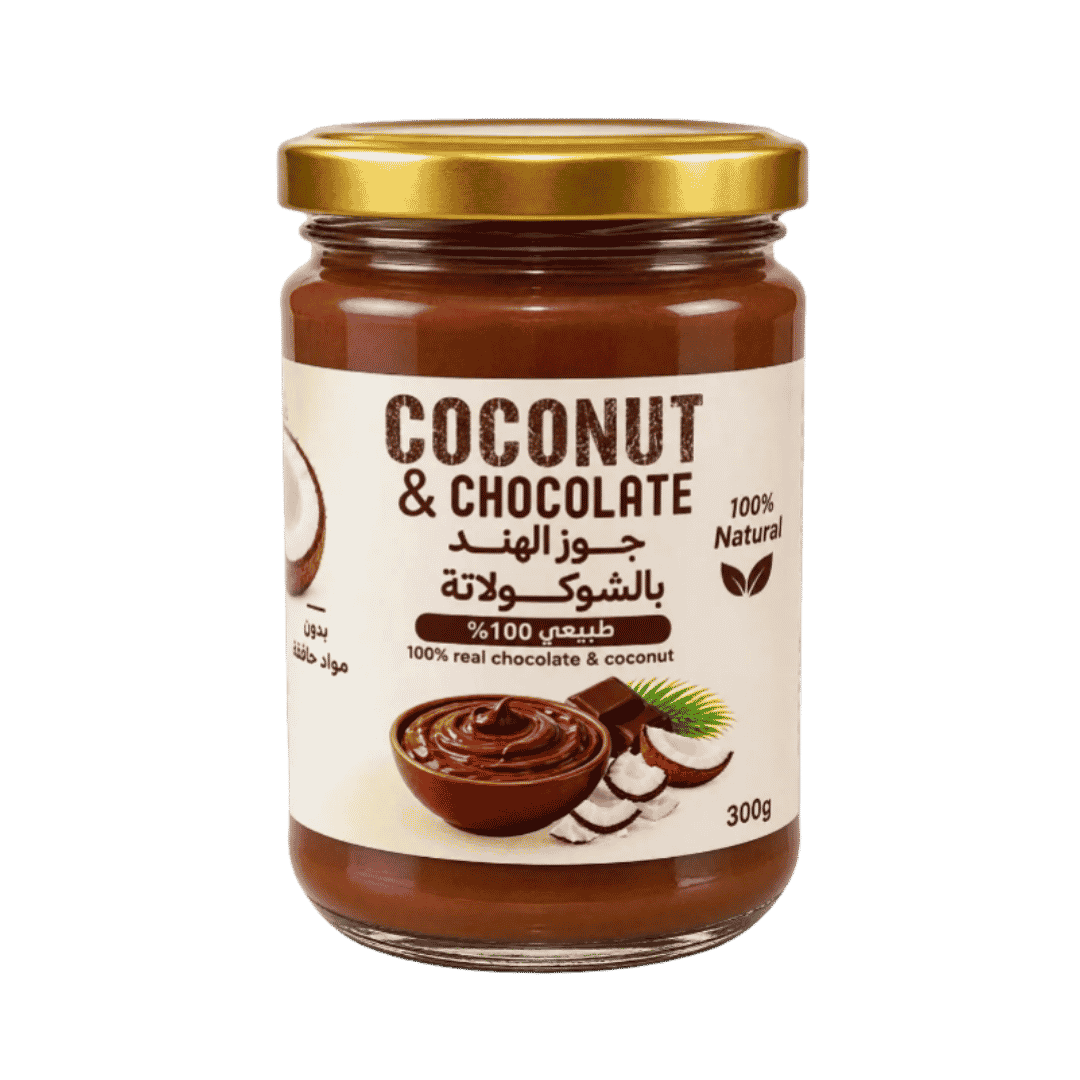 Zaytoon Coconut & Chocolate spread, 300g glass jar with brown chocolate and coconut label packaging.