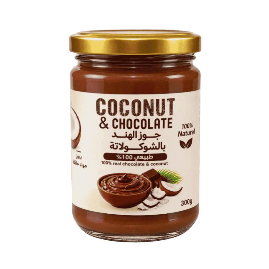 Zaytoon Coconut & Chocolate spread, 300g glass jar with brown chocolate and coconut label packaging.