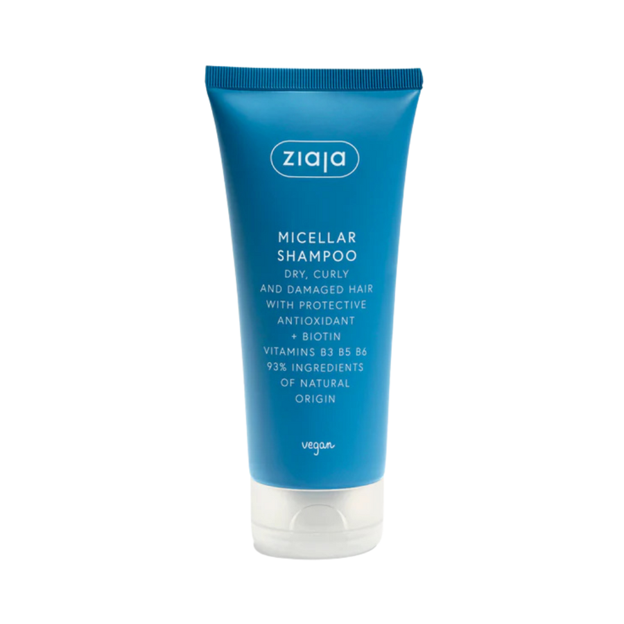 Ziaja Micellar Shampoo for dry, curly, damaged hair, blue tube with white flip-cap.
