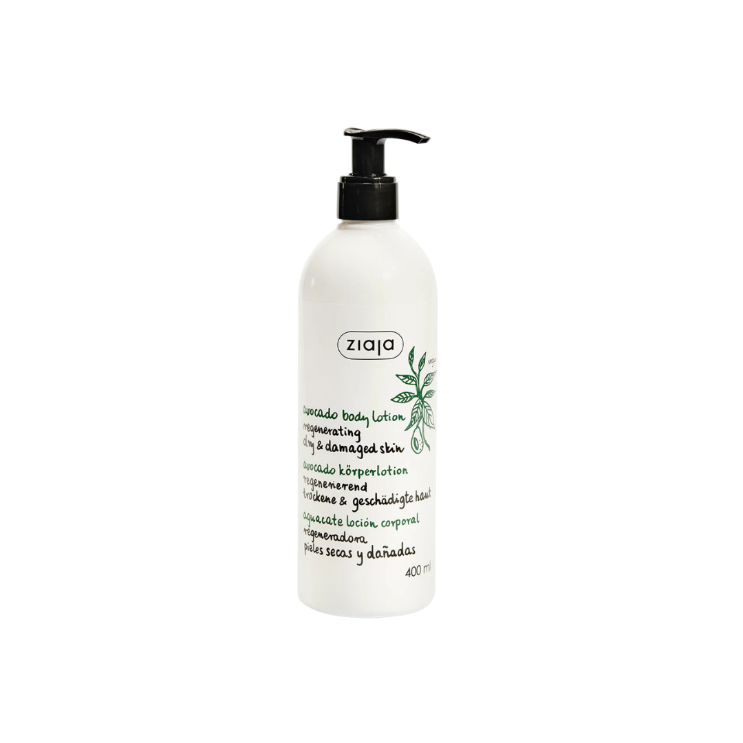 Ziaja Avocado body lotion regenerating, 400ml white pump bottle, avocado leaf illustration, dry damaged skin labeling.