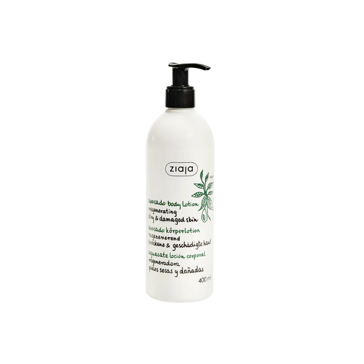 Ziaja Avocado body lotion regenerating, 400ml white pump bottle, avocado leaf illustration, dry damaged skin labeling.