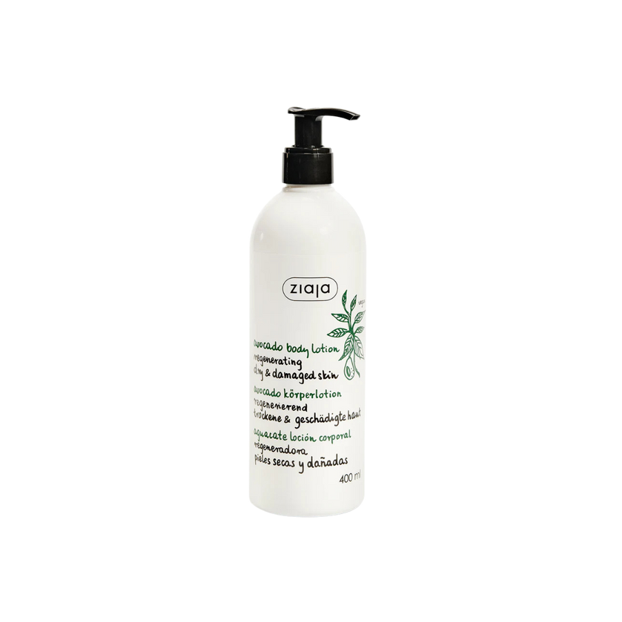 Ziaja Avocado body lotion regenerating, 400ml white pump bottle, avocado leaf illustration, dry damaged skin labeling.