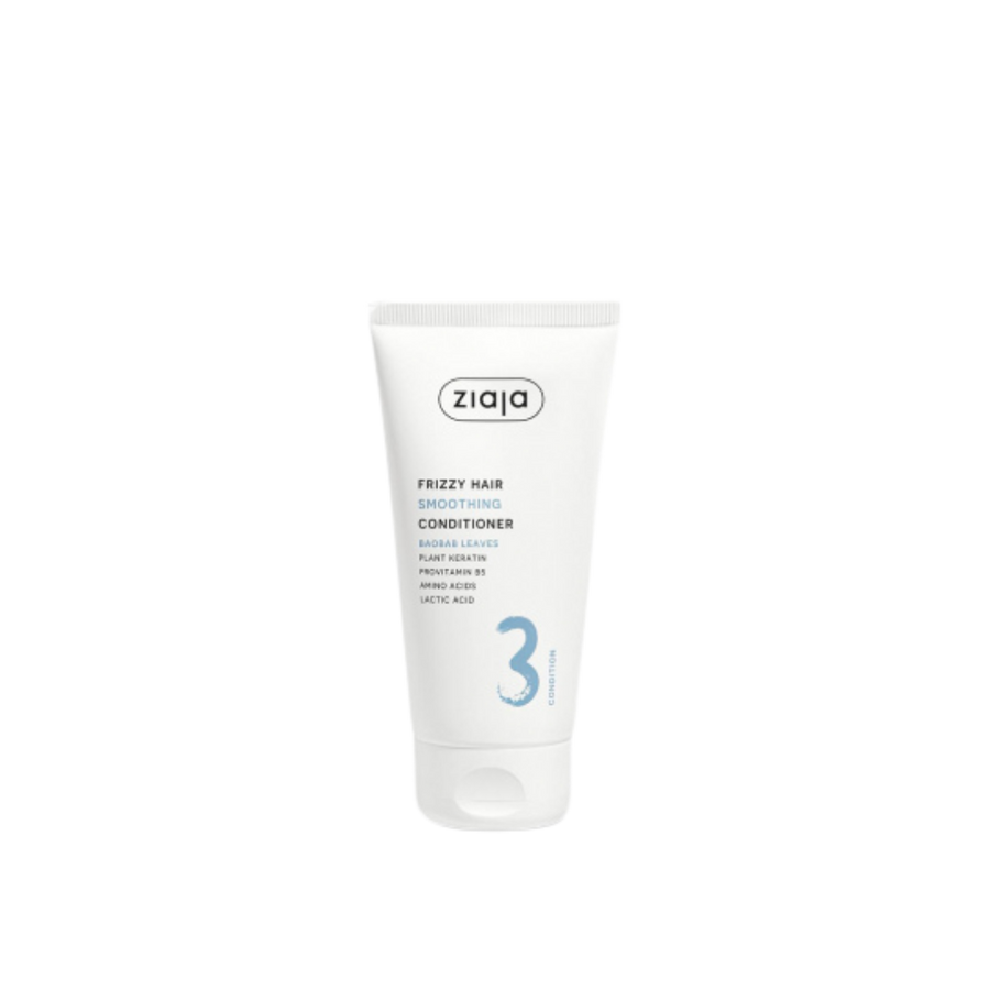 Ziaja frizzy hair smoothing conditioner, baobab leaves, plant keratin, vitamins, amino acids, white squeeze tube