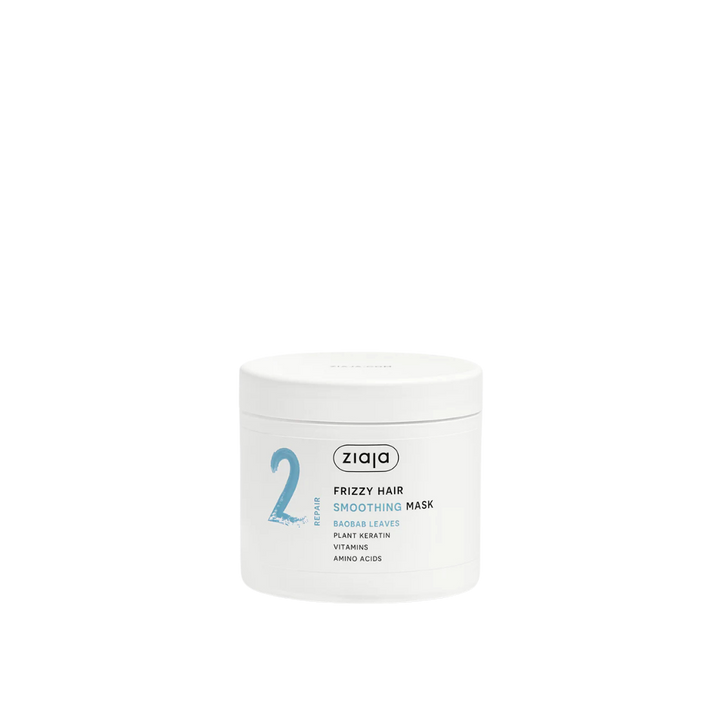 Ziaja frizzy hair smoothing mask, repair formula, white jar with baobab leaves, plant keratin, vitamins and amino acids
