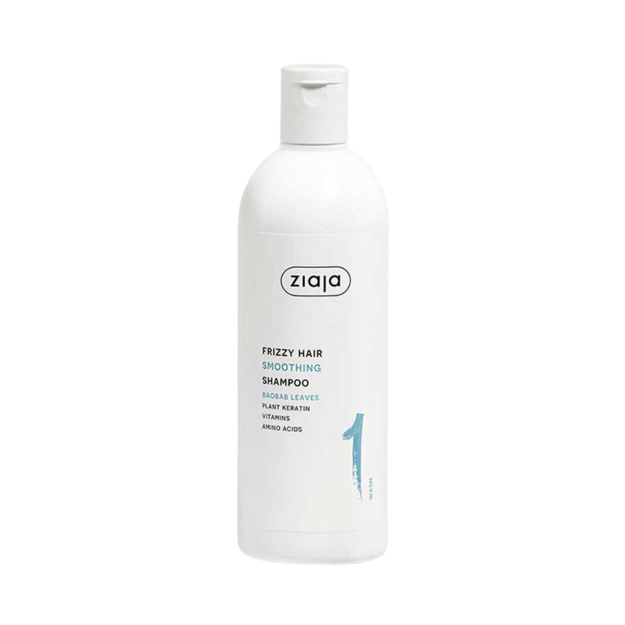 Ziaja Frizzy Hair Smoothing Shampoo bottle with baobab leaves and plant keratin label