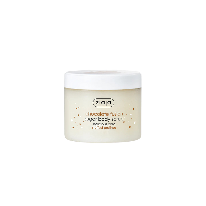 Ziaja Chocolate Fusion sugar body scrub, white plastic jar, chocolate-themed label with heart details.