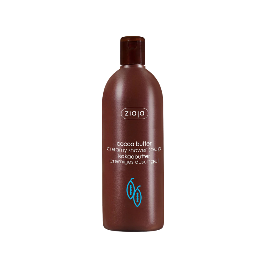 Ziaja cocoa butter creamy shower soap, brown plastic bottle with flip cap, cocoa butter body wash