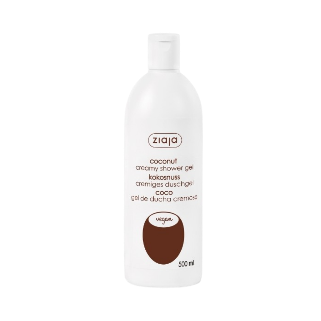 Ziaja coconut creamy shower gel 500 ml white plastic bottle with flip-top cap and vegan icon