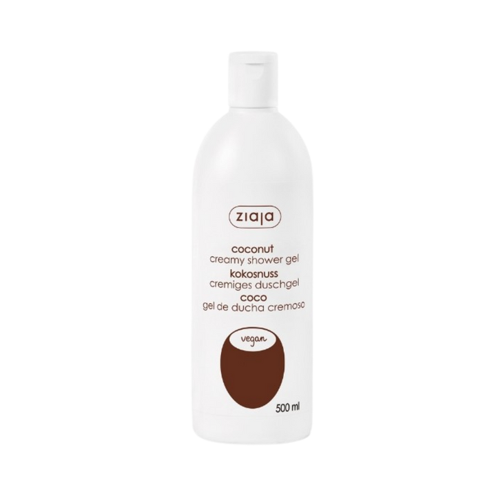 Ziaja coconut creamy shower gel 500 ml white plastic bottle with flip-top cap and vegan icon