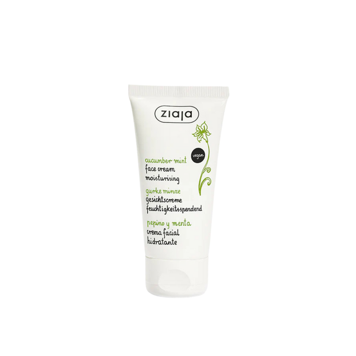 Ziaja Cucumber Mint face cream, white squeeze tube, moisturizing formula, vegan label, green botanical graphics.