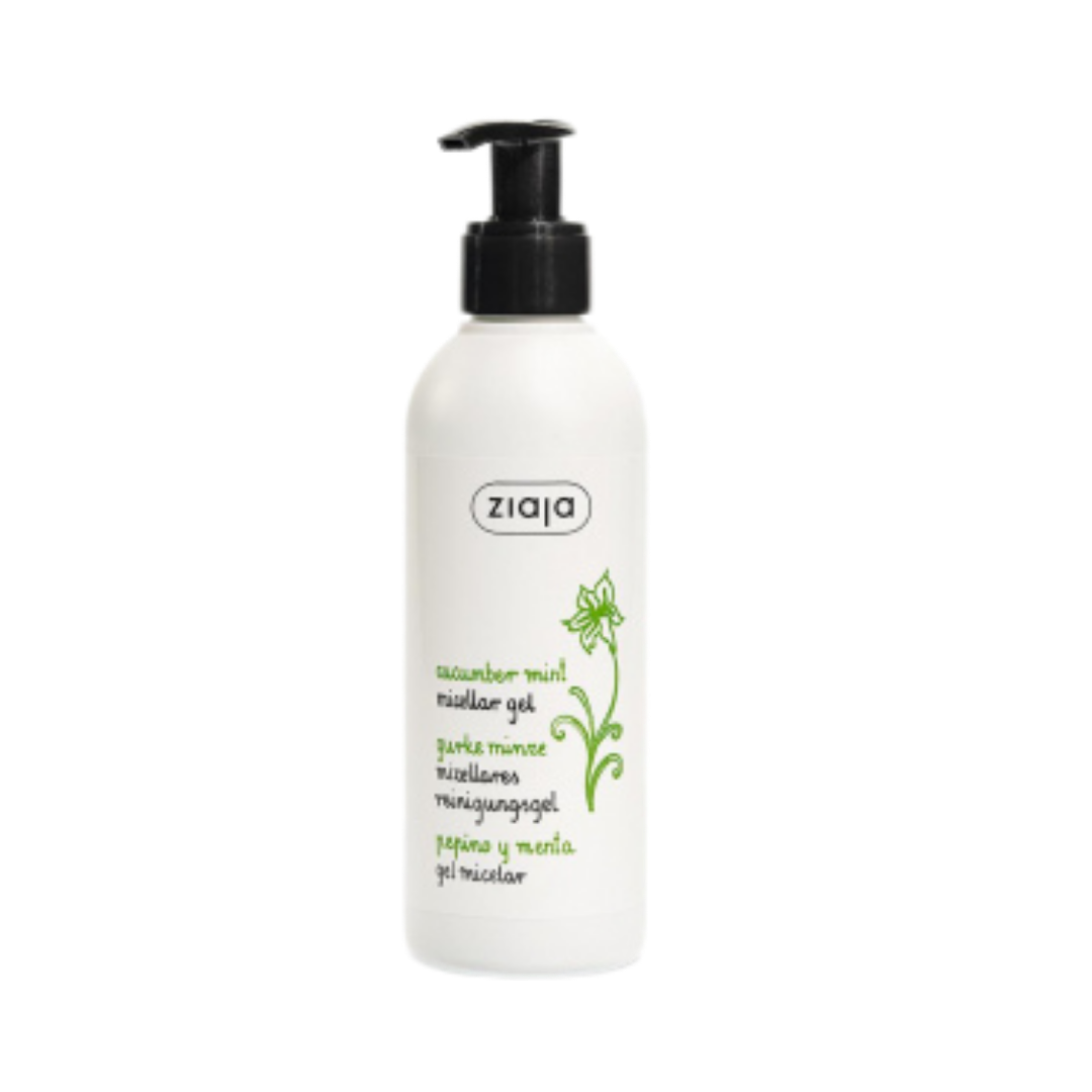 Ziaja cucumber mint micellar gel, white plastic bottle with black pump dispenser, green label
