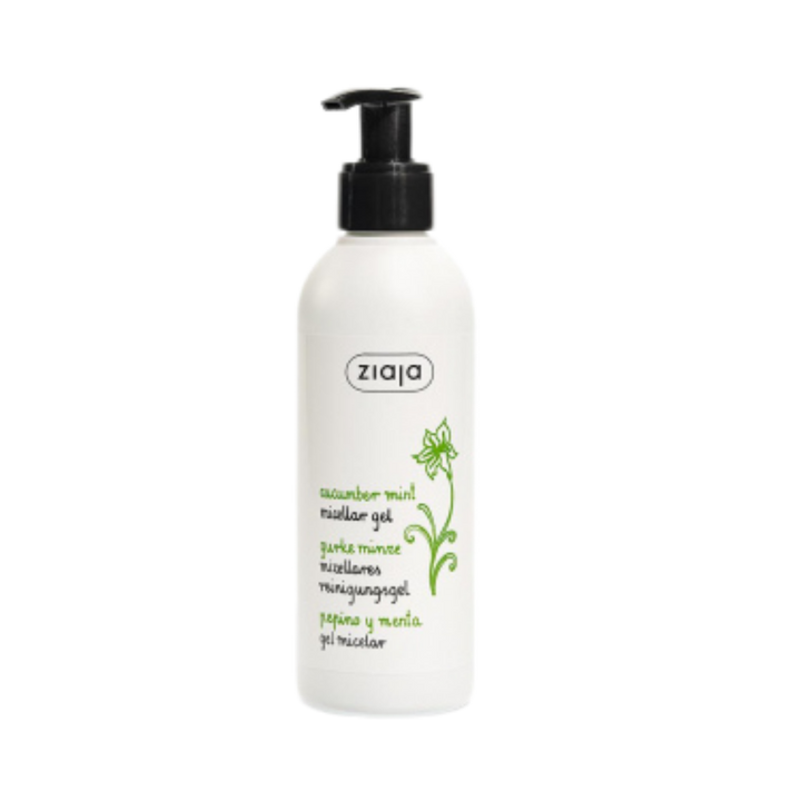 Ziaja cucumber mint micellar gel, white plastic bottle with black pump dispenser, green label
