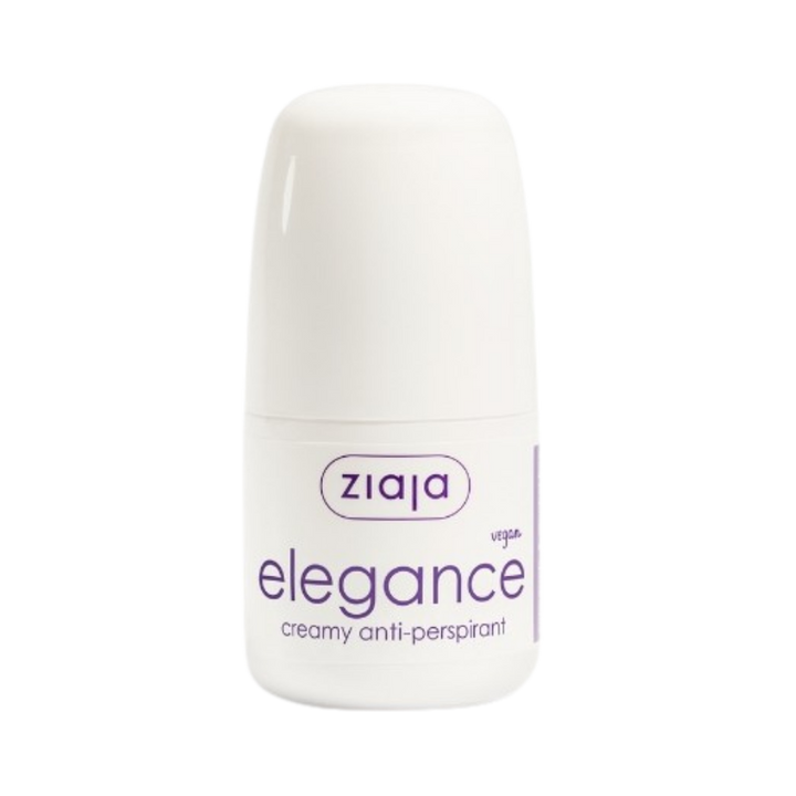 Ziaja Elegance Creamy Anti-perspirant roll-on, white plastic bottle, 50 ml, vegan label.