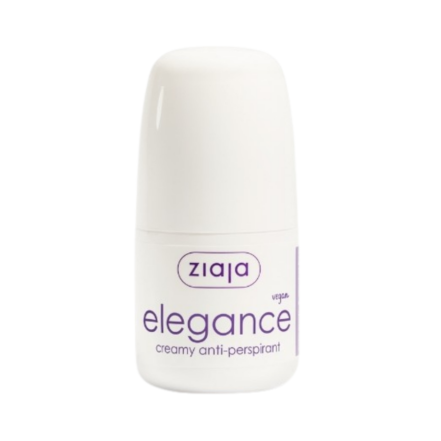 Ziaja Elegance Creamy Anti-perspirant roll-on, white plastic bottle, 50 ml, vegan label.