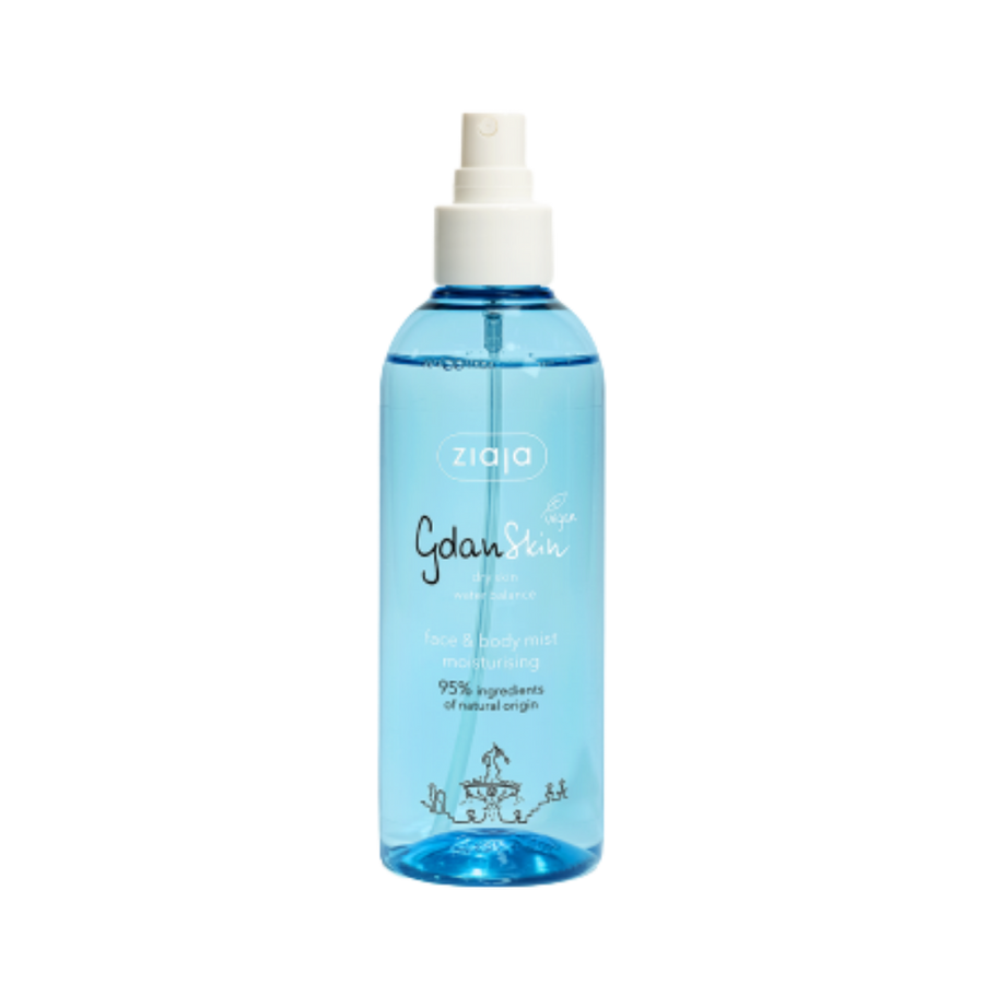 Ziaja GdanSkin moisturising face and body mist, blue transparent spray bottle with white pump
