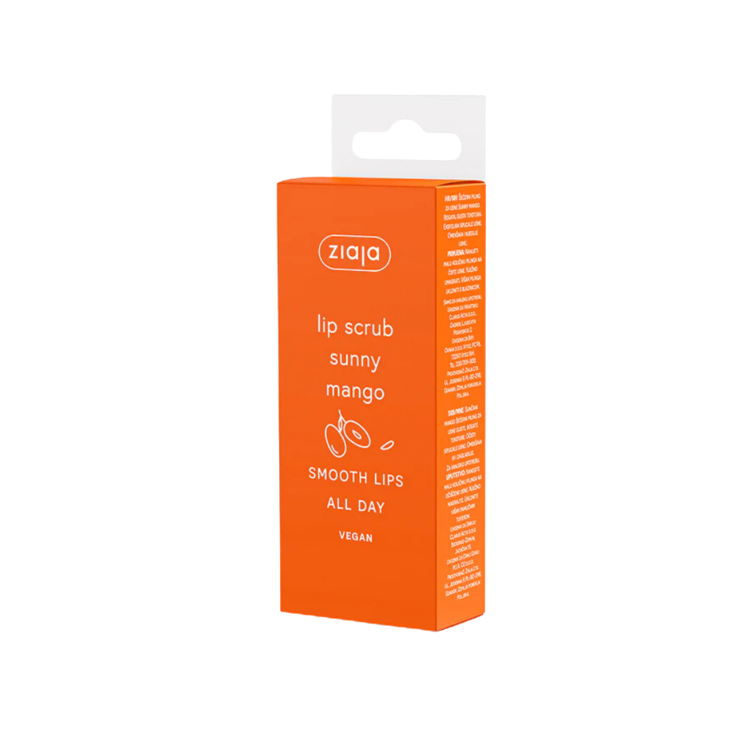 Ziaja lip scrub sunny mango, vegan formula, orange boxed packaging, smooth lips care product