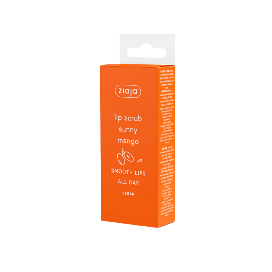 Ziaja lip scrub sunny mango, vegan formula, orange boxed packaging, smooth lips care product