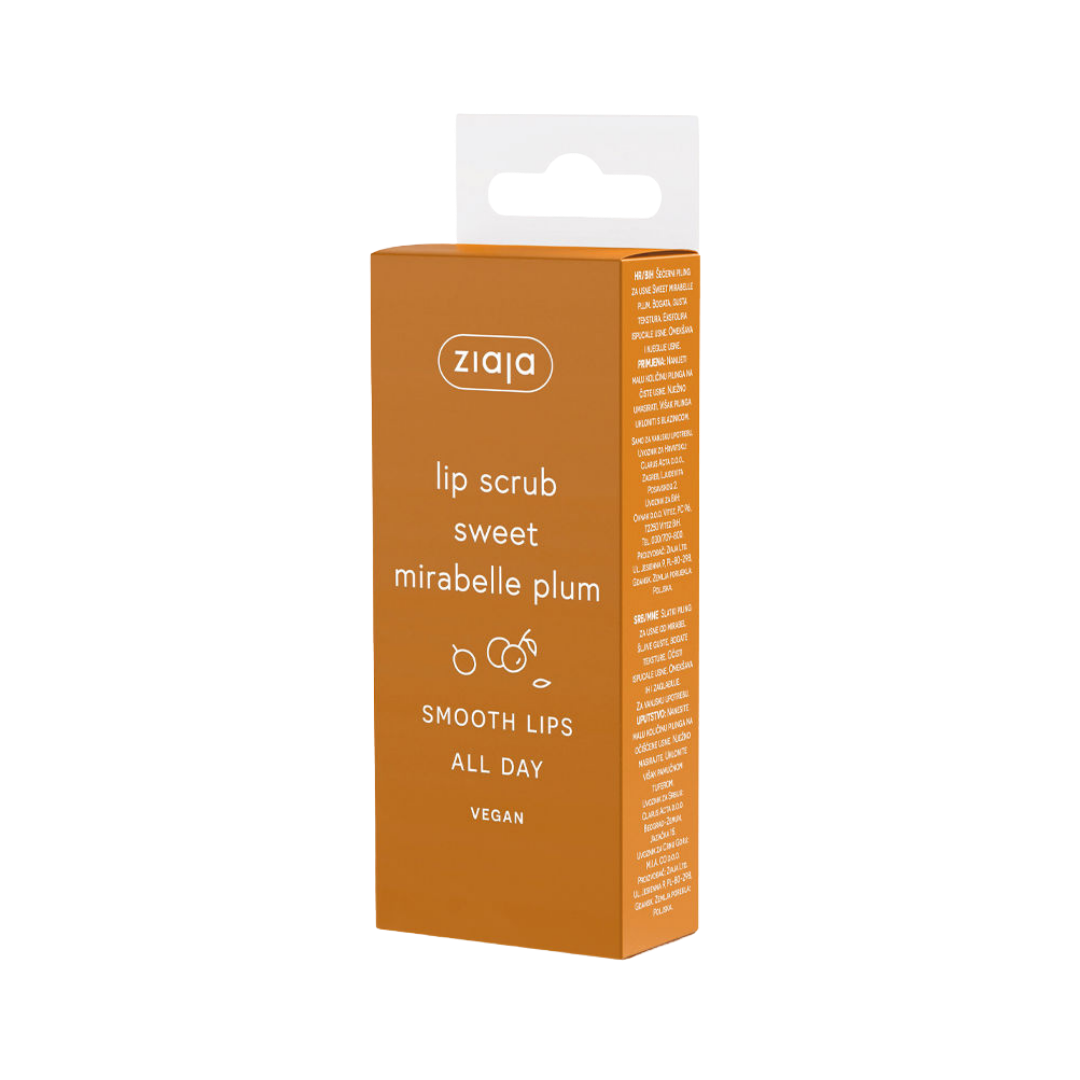 Ziaja lip scrub sweet mirabelle plum vegan orange box packaging with white logo and plum illustration