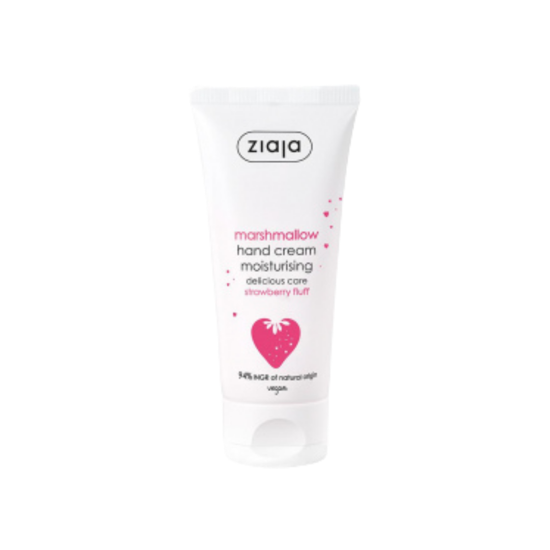 Ziaja Marshmallow hand cream, white squeeze tube, strawberry flavor label, moisturizing formula, vegan marking visible.