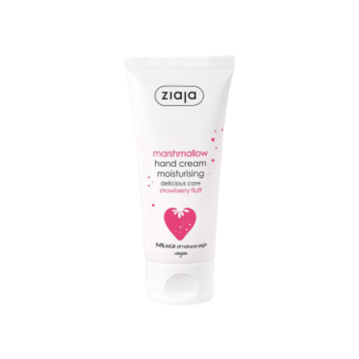 Ziaja Marshmallow hand cream, white squeeze tube, strawberry flavor label, moisturizing formula, vegan marking visible.