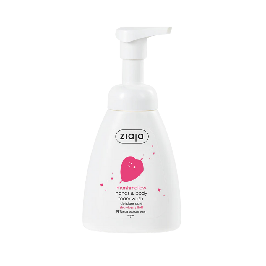 Ziaja Marshmallow hands and body foam wash, white pump bottle, strawberry fluff label, vegan marking.