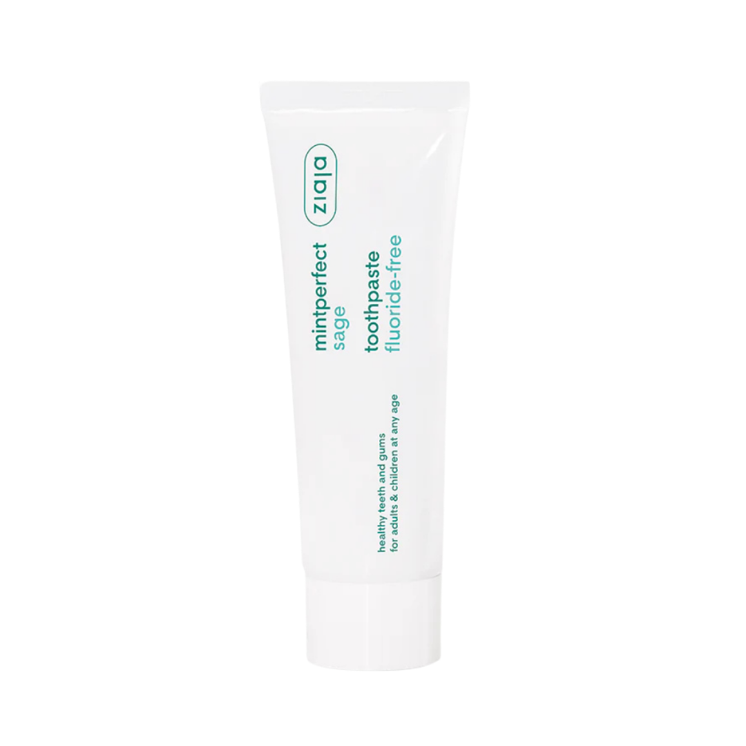Ziaja Mintperfect Sage fluoride-free toothpaste, white squeeze tube, mint and sage labeling, oral care packaging.