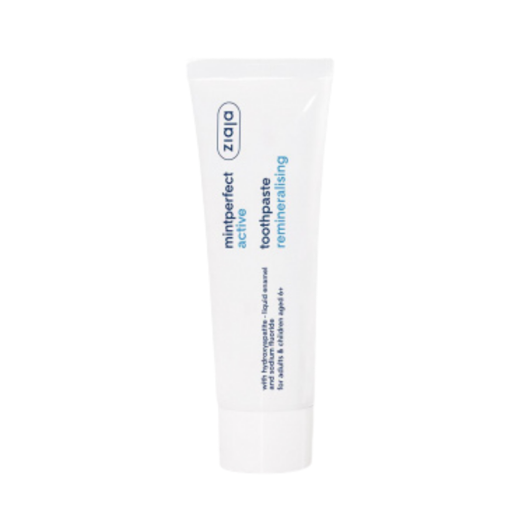 Ziaja Mintperfect active remineralising toothpaste, mint flavor, white squeeze tube with blue text
