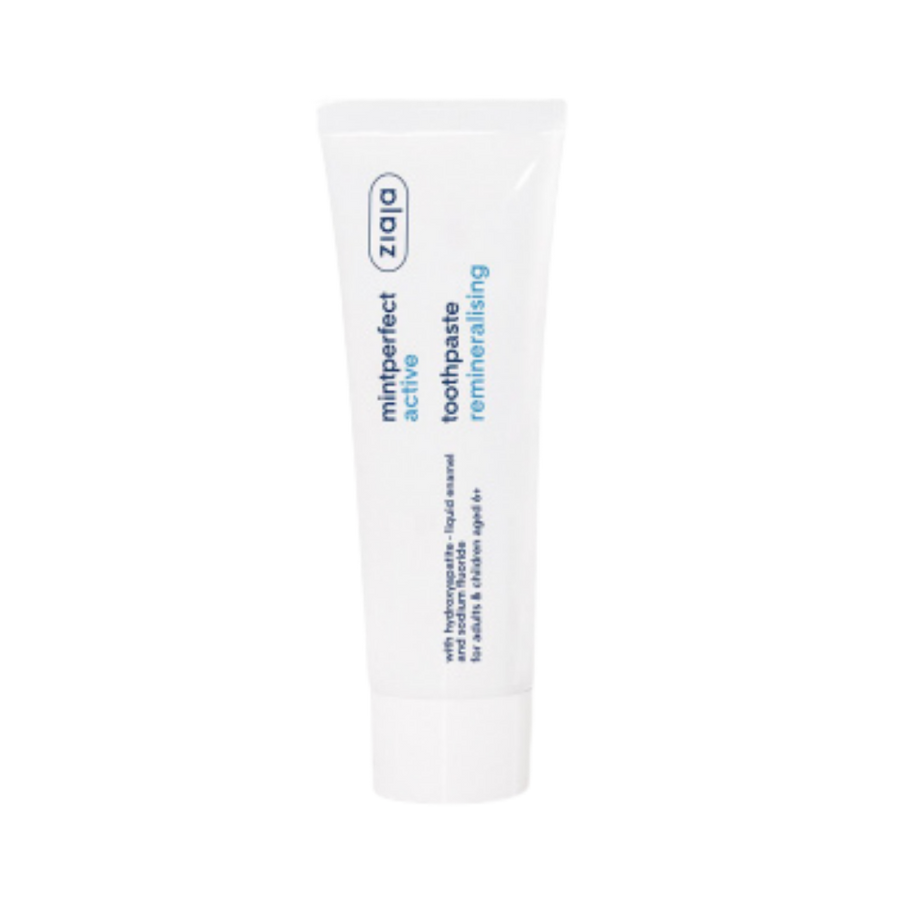 Ziaja Mintperfect active remineralising toothpaste, mint flavor, white squeeze tube with blue text
