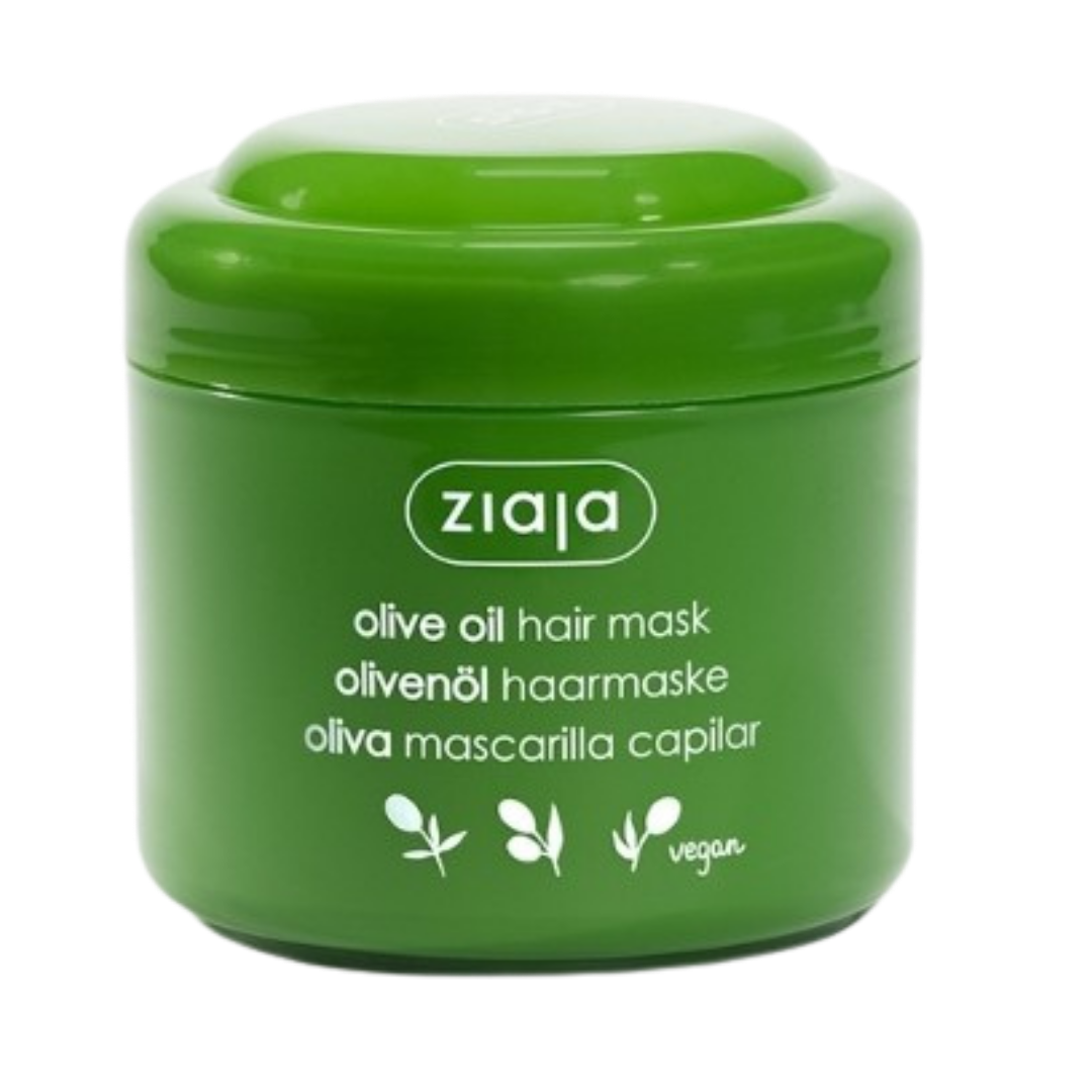 Ziaja Olive Oil Hair Mask in green plastic jar with screw lid, vegan icon on label