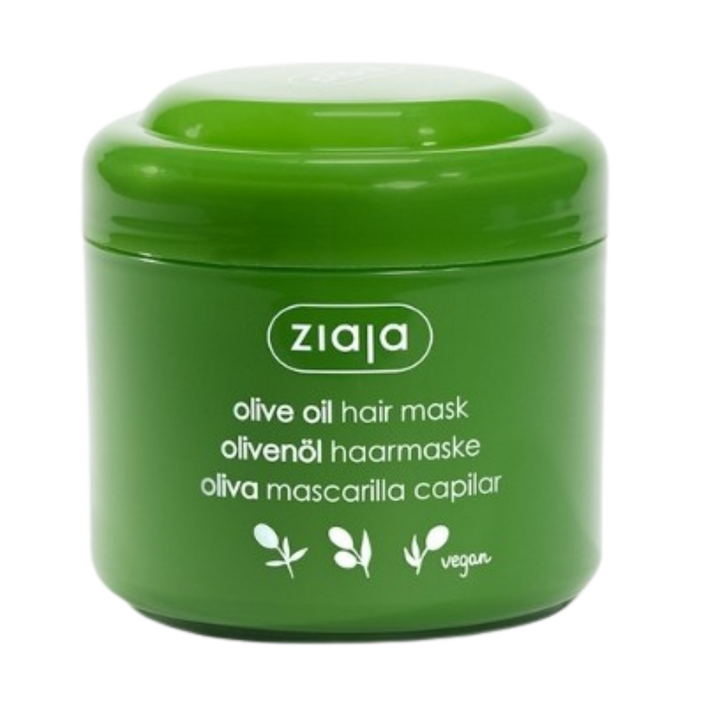 Ziaja Olive Oil Hair Mask in green plastic jar with screw lid, vegan icon on label