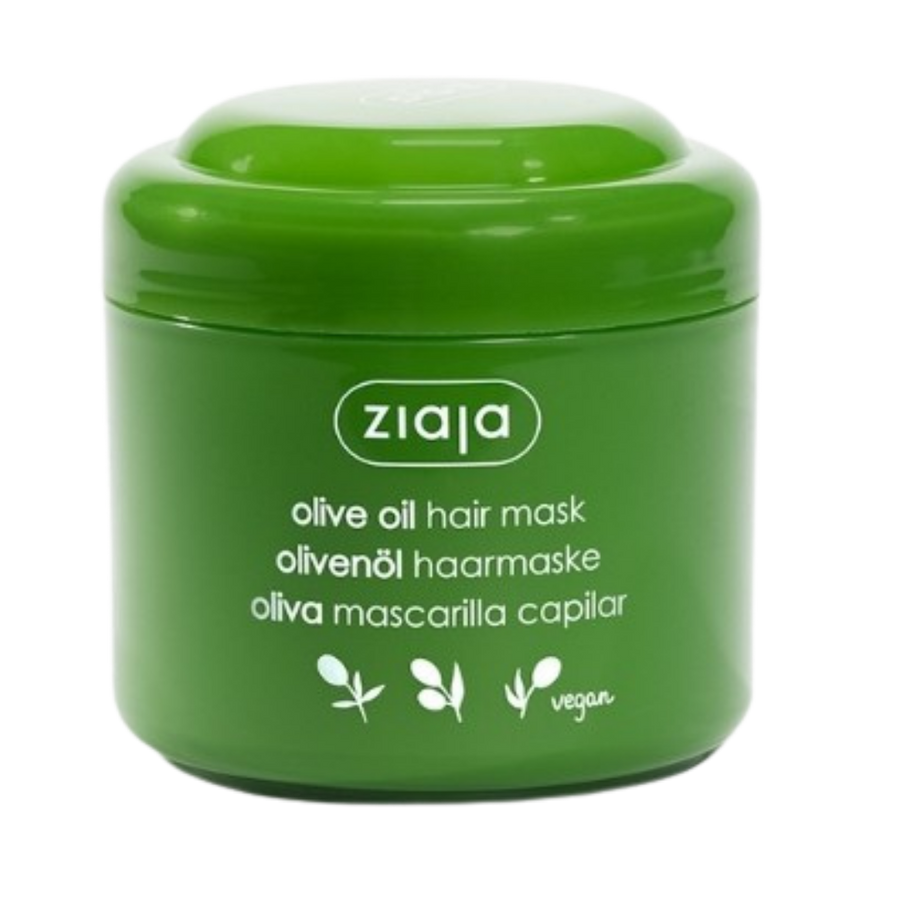Ziaja Olive Oil Hair Mask in green plastic jar with screw lid, vegan icon on label