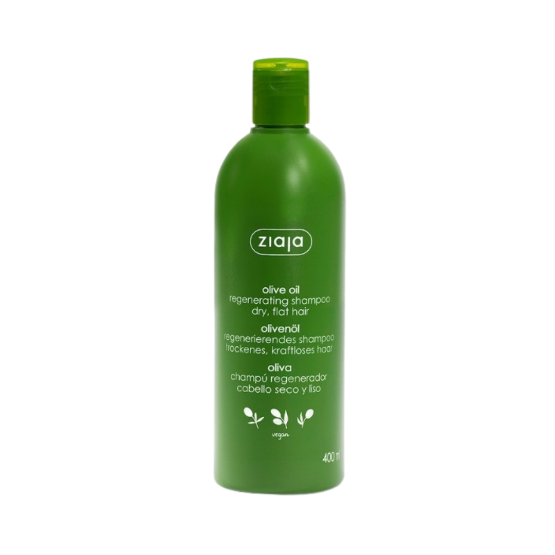 Ziaja Olive Oil Regenerating Shampoo for dry, flat hair, 400ml size, green bottle with a flip cap.