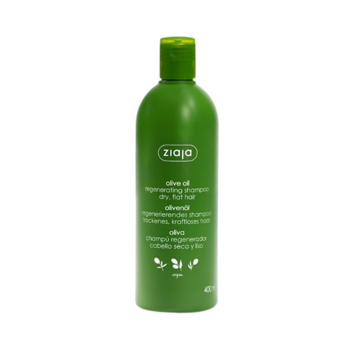 Ziaja Olive Oil Regenerating Shampoo for dry, flat hair, 400ml size, green bottle with a flip cap.