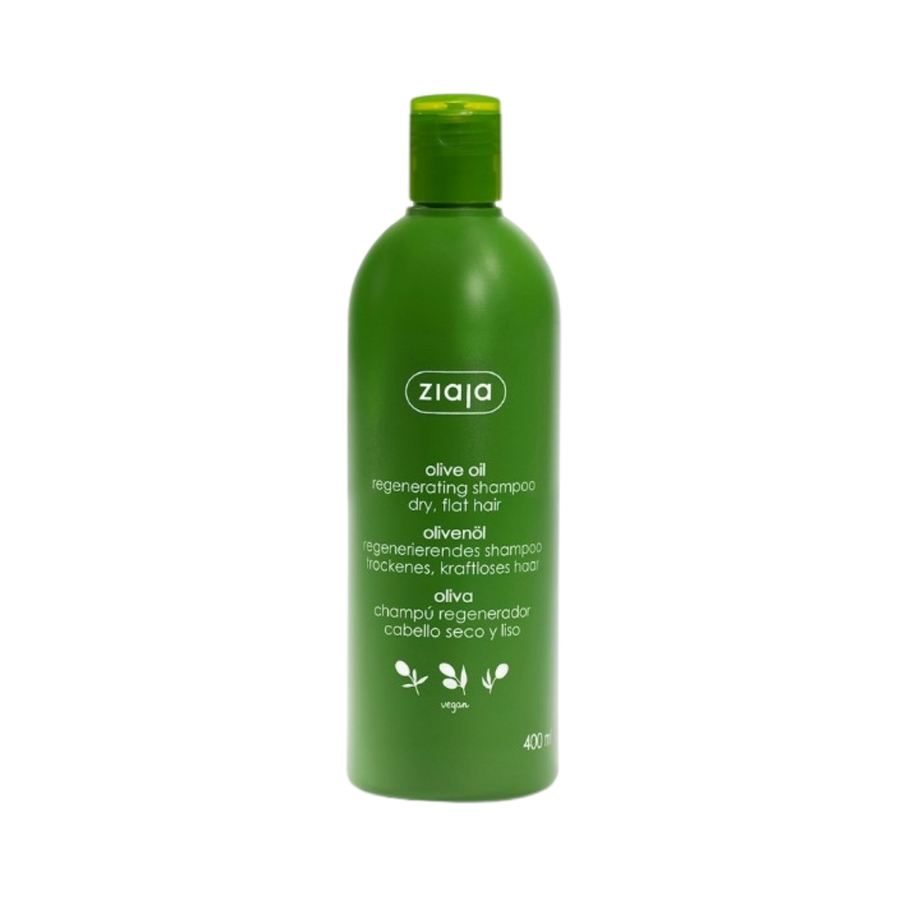 Ziaja Olive Oil Regenerating Shampoo for dry, flat hair, 400ml size, green bottle with a flip cap.