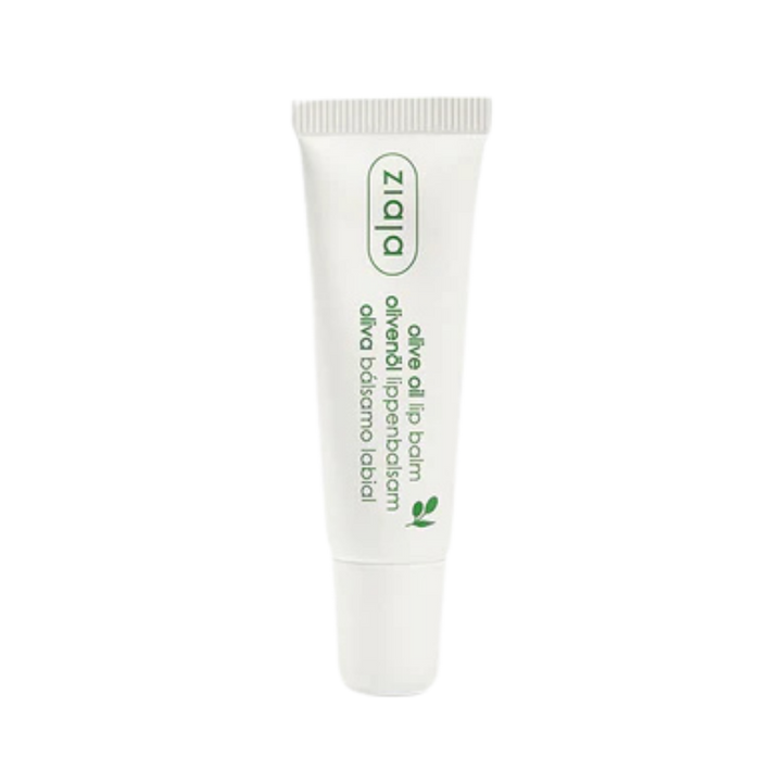 Ziaja olive oil lip balm tube, white packaging with green text, lip care product
