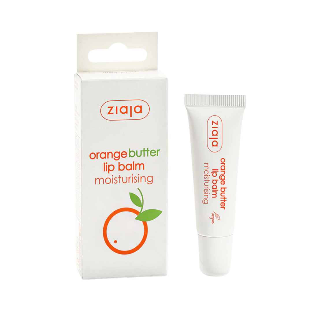 Ziaja orange butter moisturizing lip balm tube with white box packaging featuring orange graphic and brand logo
