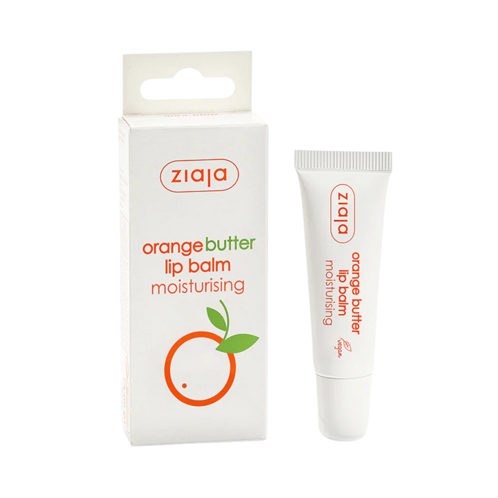 Ziaja orange butter moisturizing lip balm tube with white box packaging featuring orange graphic and brand logo