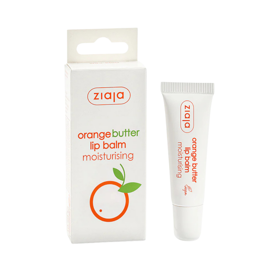 Ziaja orange butter moisturizing lip balm tube with white box packaging featuring orange graphic and brand logo
