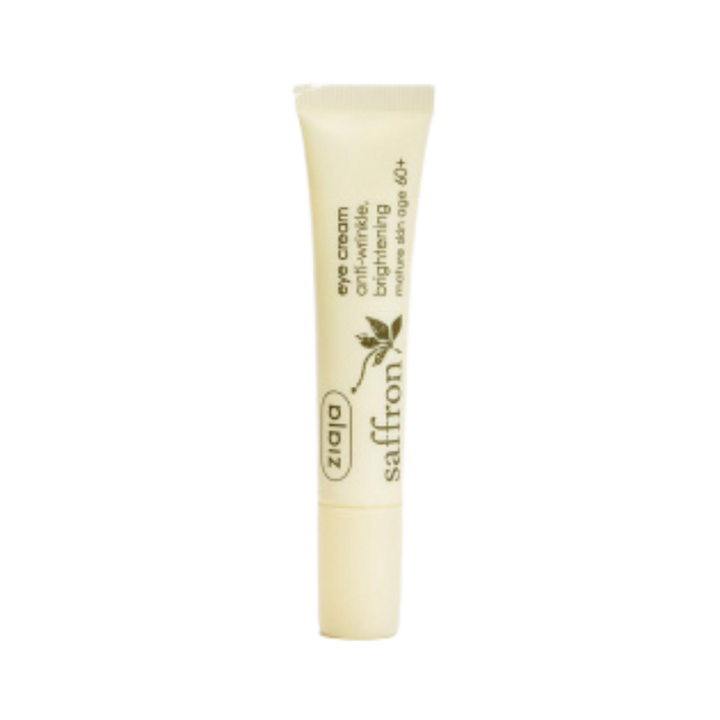 Ziaja saffron eye cream tube, beige packaging, anti-wrinkle eye care product with pointed applicator
