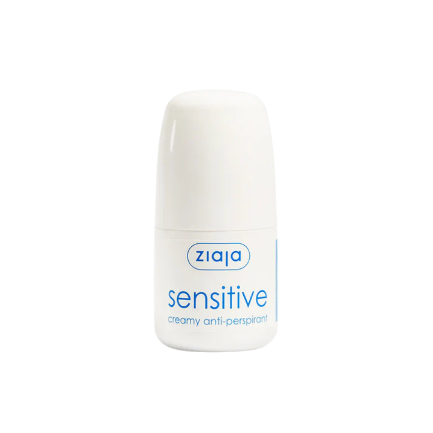 Ziaja Sensitive creamy anti-perspirant roll-on, white plastic bottle, blue label text, compact size packaging.