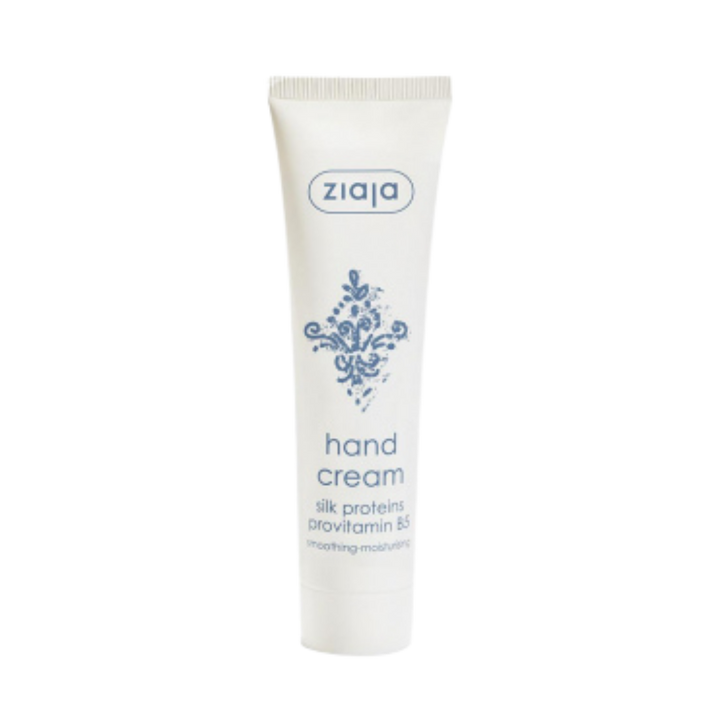 Ziaja hand cream with silk proteins and provitamin B5 in white tube packaging
