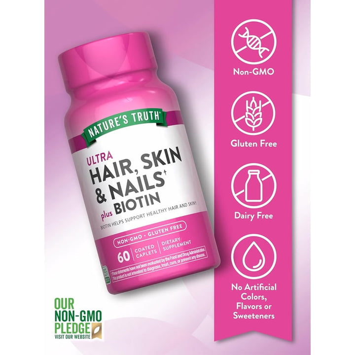 Nature's Truth Hair Skin and Nails & Biotin - 60 Caplets - 60 كبسولة | نيتشرز تروث ألترا شعر جلد وأظافر مع بيوتين - 60 كبسولة #5