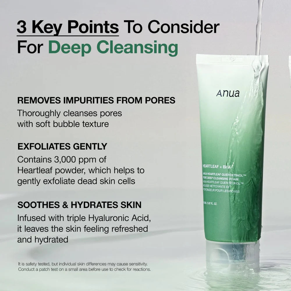 Anua Heartleaf Quercetinol Pore Deep Cleansing Foam - 150ml | أنوا غسول رغوي يحتوي على خلاصة نبات القلب، مصممة لتنظيف المسام بعمق وتقشير خلايا الجلد الميتة بلطف - 150 مل