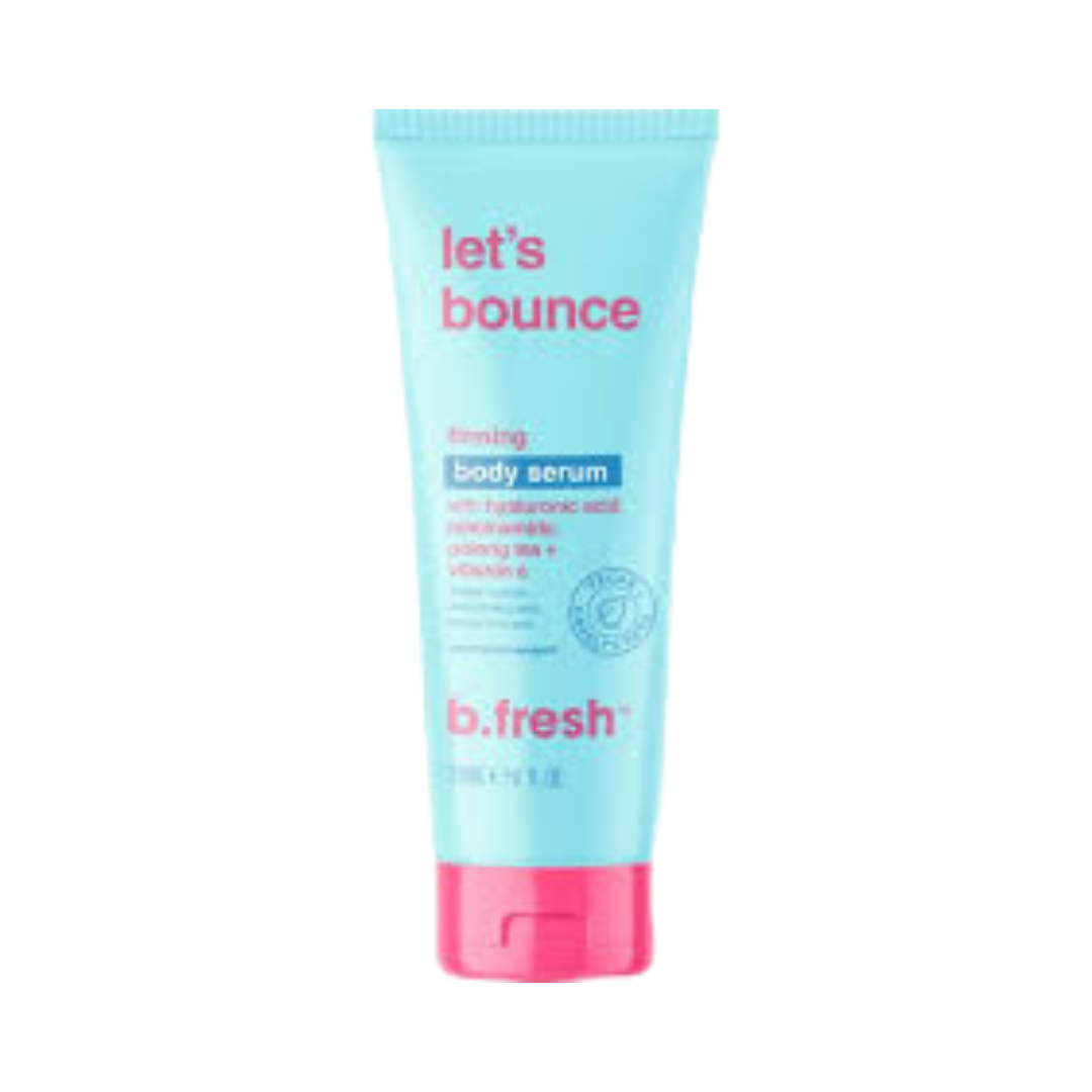 B. Fresh Let's Bounce Firming Body Serum, 150ml, light blue tube with pink cap, contains hyaluronic acid.