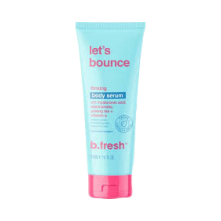 B. Fresh Let's Bounce Firming Body Serum, 150ml, light blue tube with pink cap, contains hyaluronic acid.