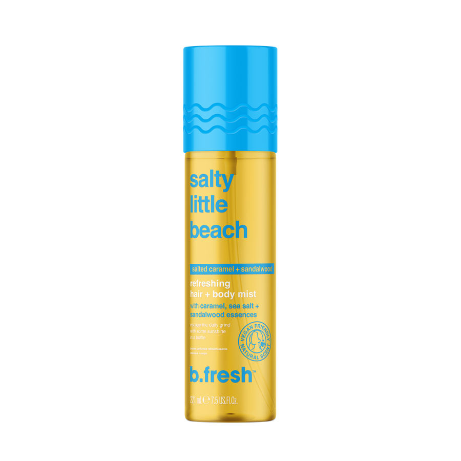 b.fresh Salty Little Beach refreshing hair and body mist salted caramel sandalwood, 221ml yellow bottle with blue cap